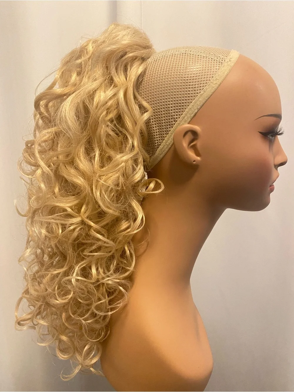 16” Blonde Curly Ponytail Hairpiece - Secure Mesh Base
